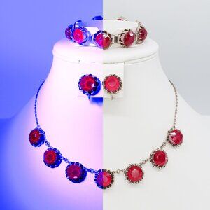 Vintage Sterling Silver Belcher Setting UV Glow Ruby Glass Parure Set 1940s